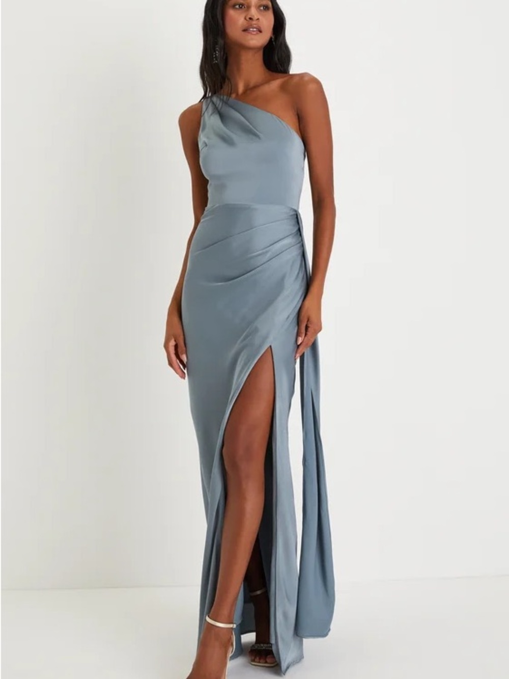 Lulu's One-Shoulder Slate Blue Satin Gown with High Slit